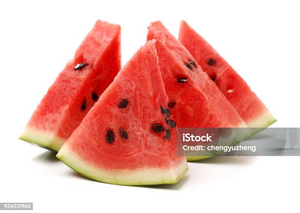 Watermelon Pieces Set Isolated On White Background Stock Photo - Download Image Now - Watermelon, Slice of Food, Quarter