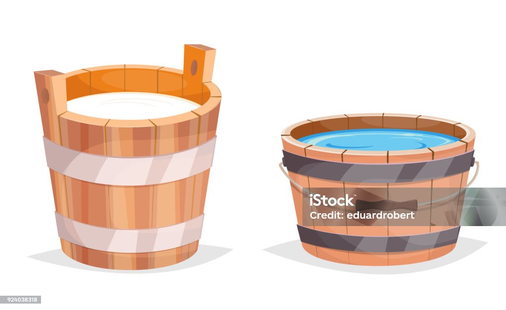 Wooden bucket with water and milk Water stock vector