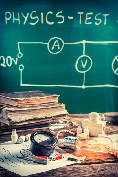 istock Vintage physics laboratory in old school with electrical diagram 924042586