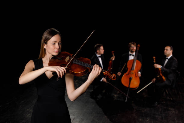 young woman in black dress playing violin - violin women violinist music imagens e fotografias de stock