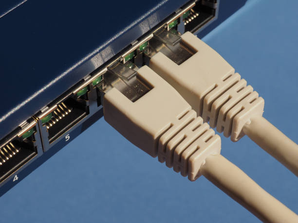 istock Modem router switch with RJ45 ethernet plug ports 924049612