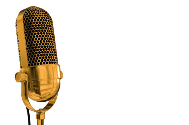 istock Gold vintage microphone with a white background 924055264