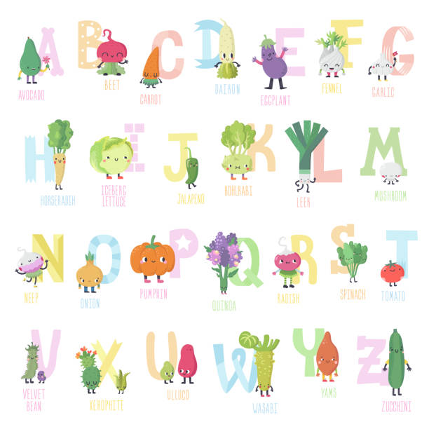 cute kreskówki żywych warzyw alfabetu wektorowego w ładnych kolorach. - vegetable leek kohlrabi radish stock illustrations