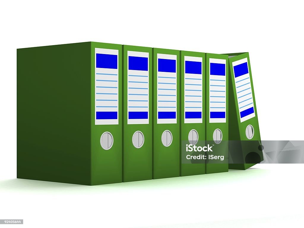 Row of green folders with documents on a white background  Accounting Ledger Stock Photo