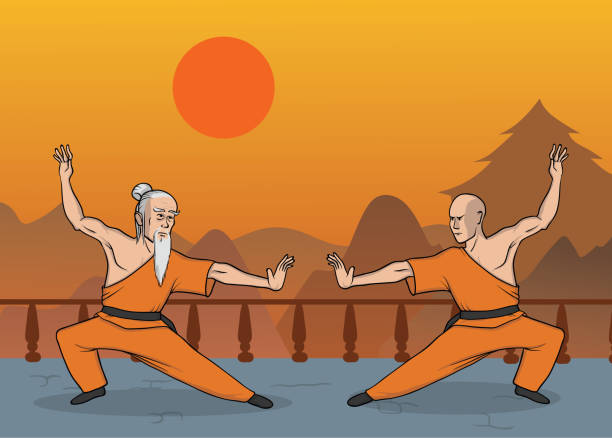 Two Monks Practicing Kung Fu Or Wushu Shaolin Monastery Martial Art Vector  Illustration Stock Illustration - Download Image Now - iStock