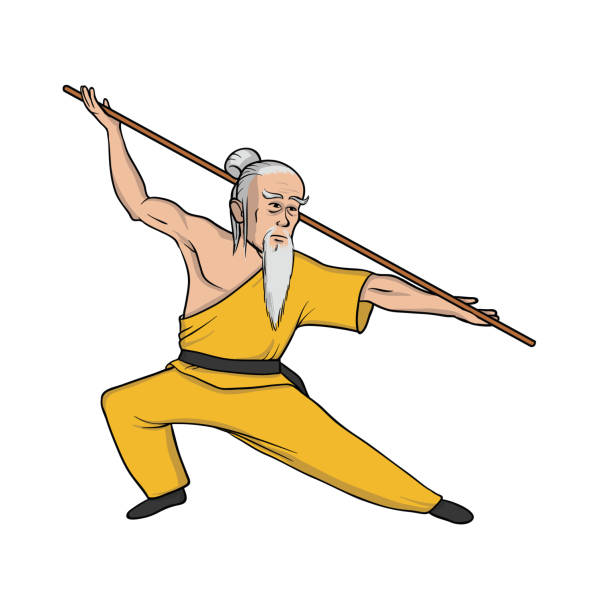 illustrazioni stock, clip art, cartoni animati e icone di tendenza di monaco shaolin che pratica il kung fu. arti marziali. illustrazione vettoriale, isolata su bianco. - shaolin warrior monk