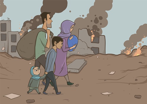 Family Of Refugees With Two Children On Destroyed Buildings Background  Immigration Religion And Social Theme War Crisis And Immigration Horizontal  Vector Illustration Cartoon Characters Stock Illustration - Download Image  Now - iStock