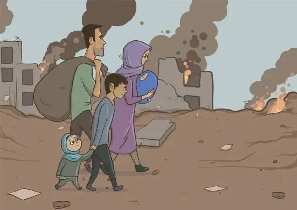 Vector illustration of Family of refugees with two children on destroyed buildings background. Immigration religion and social theme. War crisis and immigration. Horizontal vector illustration cartoon characters.