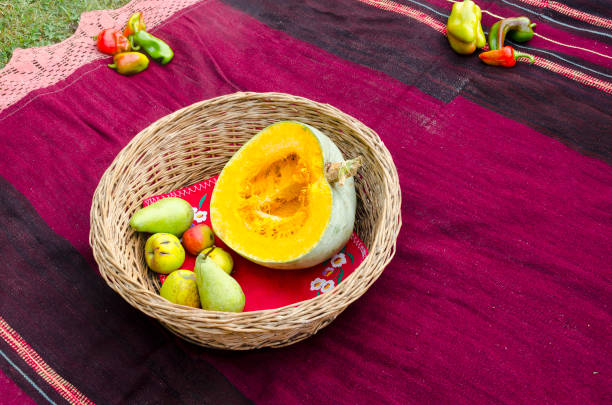 istock Fresh fruit in wicker baskets, Food, Plant, Vegetable, Pumpkin, Pear 924072614