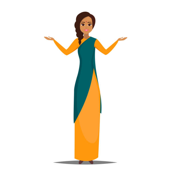 Cartoon business indian woman character with present pose. Cartoon business indian woman character with present pose. Smiling girl pointing left. Young indian woman wearing saree. Vector illustration isolated from white background burka stock illustrations
