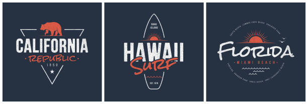 캘리포니아 공화국, 하와이 서핑 및 플로리다 t-셔츠 및 의류 벡터 디자인, 인쇄 술, 인쇄, 라벨, 포스터. - text surfing surf palm tree stock illustrations