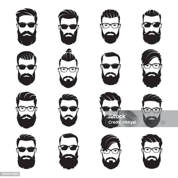 Ensemble De Vecteur Barbu Hipsters Visages Hommes Avec Différentes Coupes De Cheveux Barbes Moustaches Lunettes De Soleil Vecteurs libres de droits et plus d'images vectorielles de Barbe