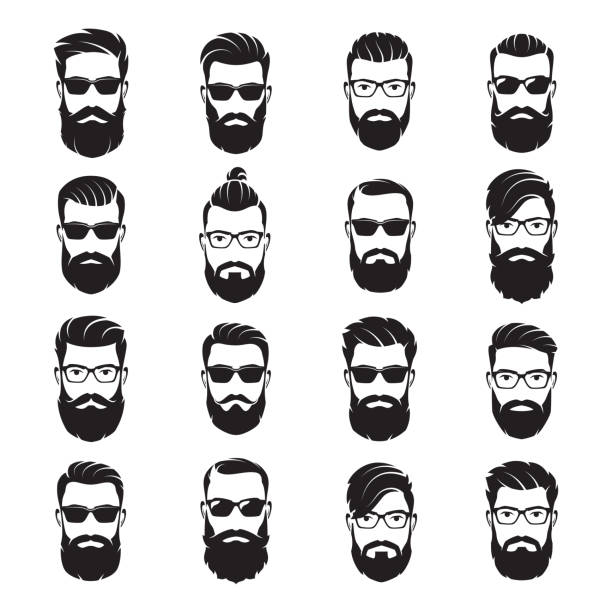 illustrazioni stock, clip art, cartoni animati e icone di tendenza di set di uomini barbuto vettoriale affronta hipster con diversi tagli di capelli, baffi, barbe, occhiali da sole. - barba