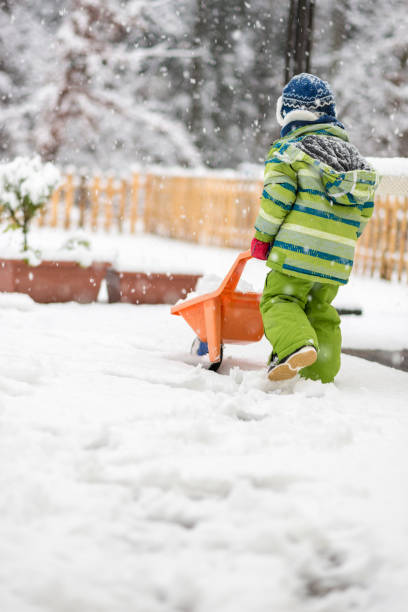istock Young child pushing a wheelbarrow through snow 924076784