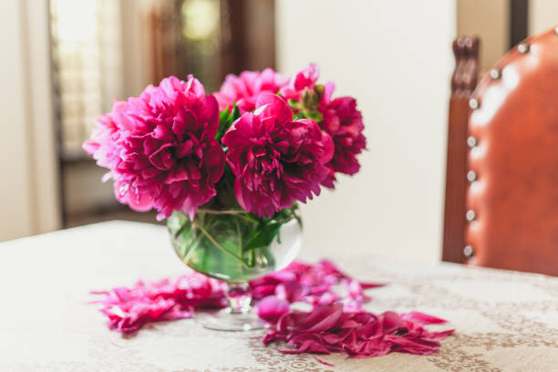 istock red peonies in glass vase stand on table 924077776