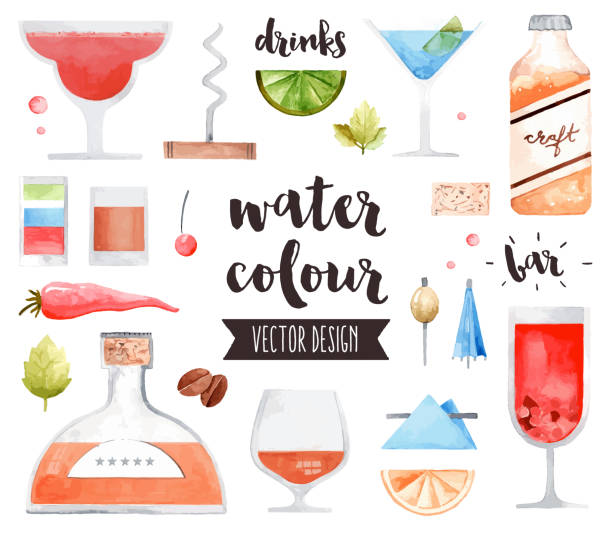 Alcohol Drinks Watercolor Vector Objects Premium quality watercolor icons set of alcohol drinks and various bar cocktails. Hand drawn realistic vector decoration with text lettering. Flat lay watercolour objects isolated on white background. glass of bourbon stock illustrations