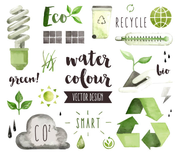 Green Energy Watercolor Vector Objects Premium quality watercolor icons set of environmental problem, green energy saving. Hand drawn realistic vector decoration with text lettering. Flat lay watercolour objects isolated on white background. co2 drawings stock illustrations
