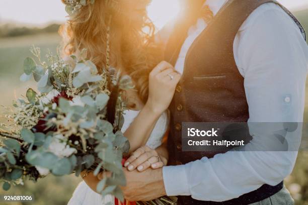 Schöne Braut Und Bräutigam Bei Sonnenuntergang In Der Grünen Natur Stockfoto und mehr Bilder von Hochzeit