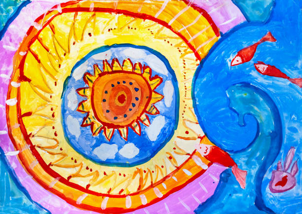 Children's drawing. Sunshine, blue sea and red fish