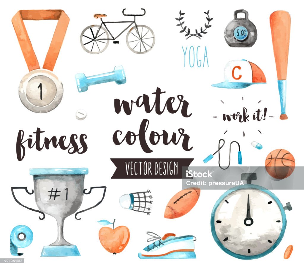 Sports Awards Watercolor Vector Objects Premium quality watercolor icons set of sports awards and fitness activity benefits. Hand drawn realistic vector decoration with text lettering. Flat lay watercolour objects isolated on white background. Watercolor Painting stock vector