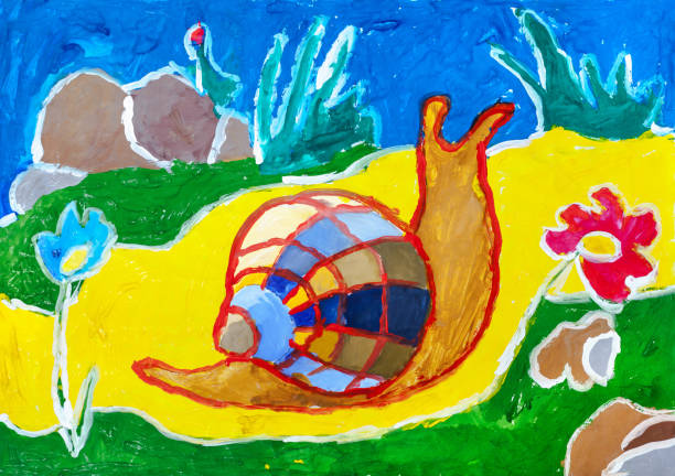 Children's drawing. Snail with multicolored shell crawling on yellow carpet
