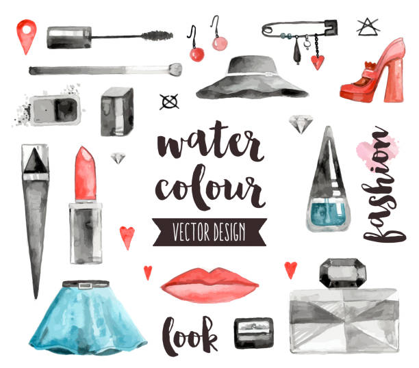 Makeup Accessories Watercolor Vector Objects Premium quality watercolor icons set of makeup products, female beauty accessories. Hand drawn realistic vector decoration with text lettering. Flat lay watercolour objects isolated on white background. pale pink lipstick stock illustrations