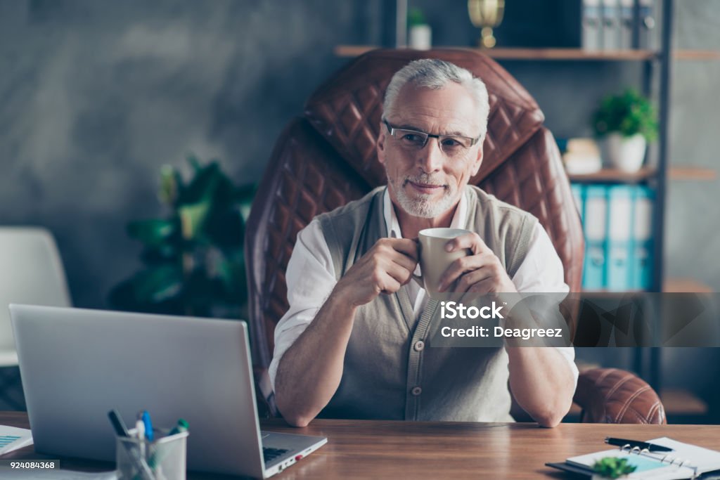 Cheerful careless excited joyful old businessman with bristle is pondering about holidays sitting on the armchair in front of laptop Wealth Stock Photo