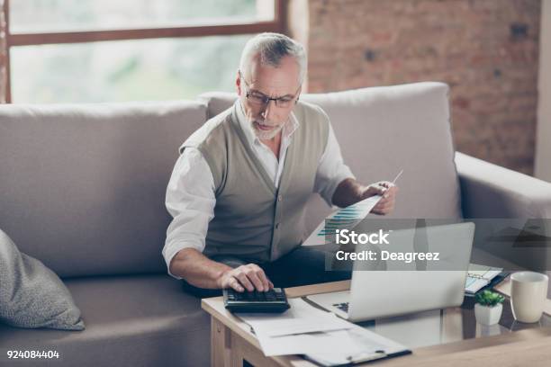 Photo libre de droit de Vieux Confiant Astucieux Concentré Grandpère Barbu Est De Vérifier Ses Calculs Assis Devant Le Moniteur Au Bureau banque d'images et plus d'images libres de droit de Troisième âge