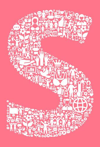 Letter S Women's Rights Vector Icon Pattern. The outlines of the main shape are filled with various women's rights and female empowerment icons. The icons are white in color. They form a seamless pattern and work in unison to complete this composition. The individual icons include classic female empowerment imagery of women in various aspects of life and promote social equality and achievement.