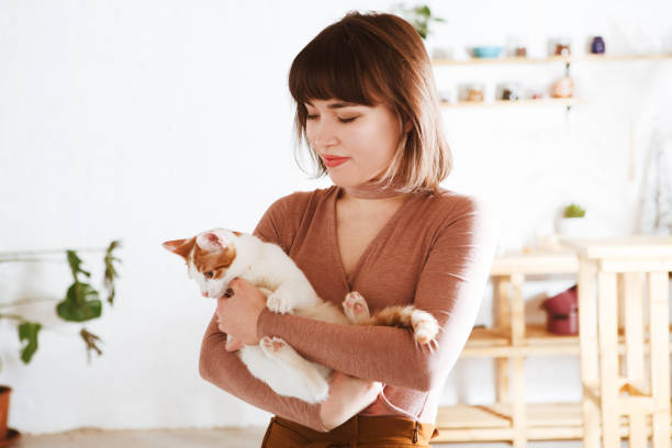 istock Young woman playing with cat in home. 924097652