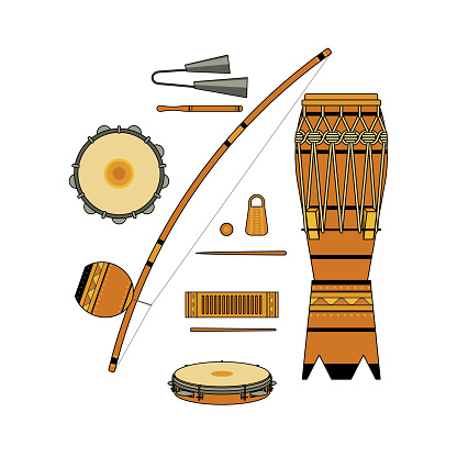 Set of isolated colorful decorative ornate brazilian musical instrument for bateria of capoeira on white background. Colored collection of instruments: atabaque, agogo, pandeiro, reco-reco, berimbau