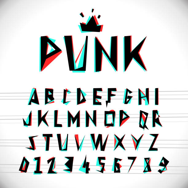 illustrazioni stock, clip art, cartoni animati e icone di tendenza di carattere con effetto stereo glitch - punk