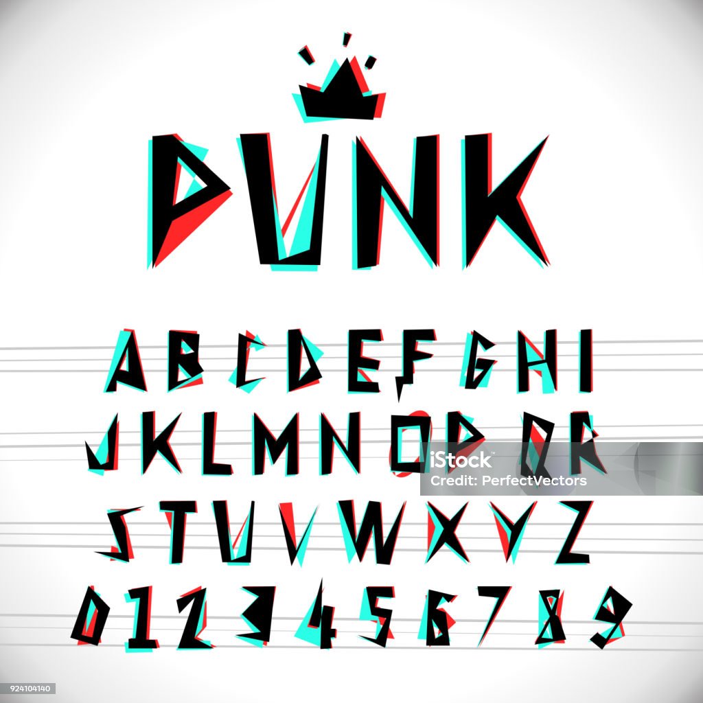 Font with glitched stereo effect Font with glitched stereo effect. Vector distorted alphabet. Punk - Person stock vector