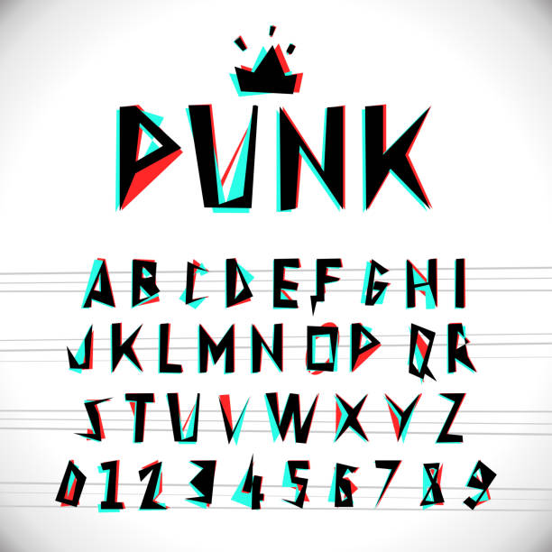 Font with glitched stereo effect Font with glitched stereo effect. Vector distorted alphabet. punk rock stock illustrations