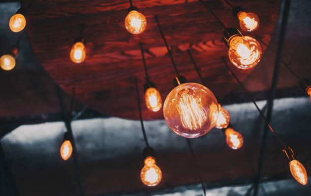 istock retro edison bulbs hanging / suspended to a wooden ceiling in loft 924104516