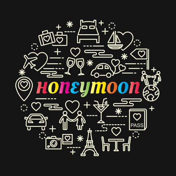 ilustrações de stock, clip art, desenhos animados e ícones de honeymoon colorful gradient with line icons set - honeymoon wedding married engagement