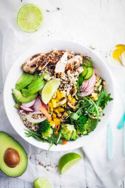istock fresh Healthy Quinoa Bulgur bowl with vegetables and chicken 924111824