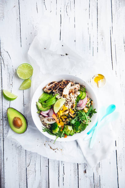 istock fresh Healthy Quinoa Bulgur bowl with vegetables and chicken 924111892