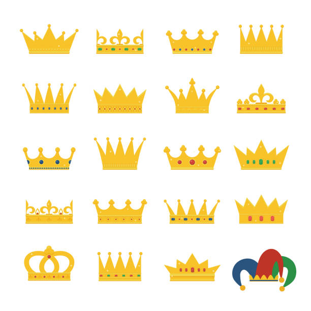 illustrations, cliparts, dessins animés et icônes de ensemble des couronnes d’or et un chapeau de bouffon. - crown king queen gold