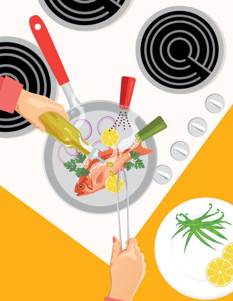 napowietrznych cooktop gotowanie z patelni i żywności - cooked fried backgrounds preparation stock illustrations