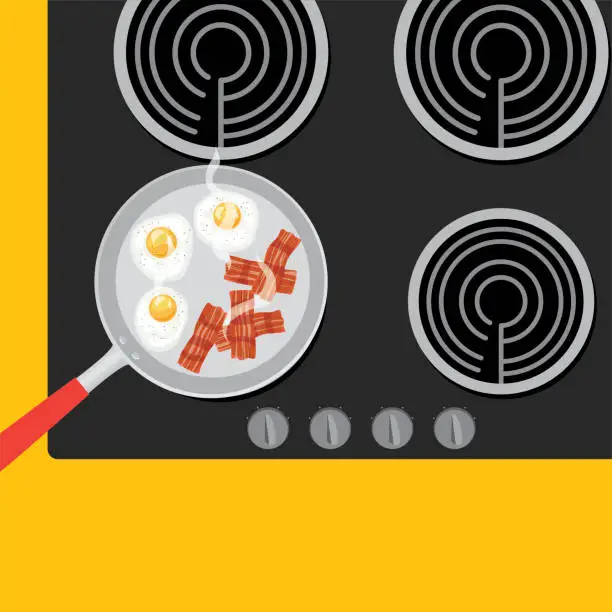 Vector illustration of Overhead Stovetop Cooking with Pans and Food