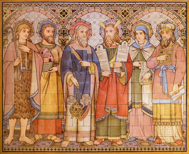 London - The tiled mosaic of Old Testament patriarchs and person in church All Saints designed by Butterfield and painted by Alexander Gibbs (1873). London - The tiled mosaic of Old Testament patriarchs and person in church All Saints designed by Butterfield and painted by Alexander Gibbs (1873). father abraham stock pictures, royalty-free photos & images