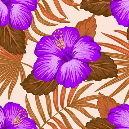 Summer hawaiian seamless pattern with exotic tropical plants and hibiscus flowers