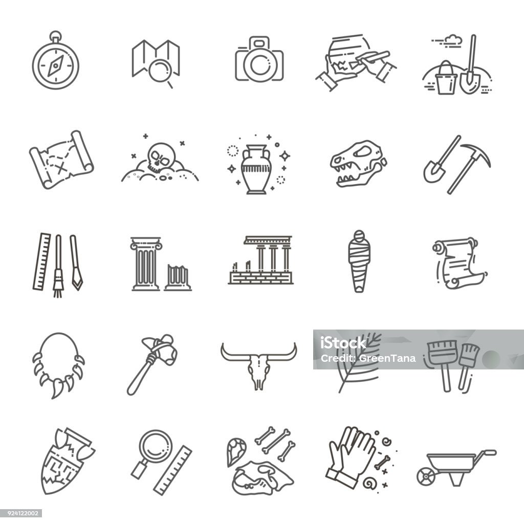 archeology line icons set Outline black icons set in thin modern design style, flat line stroke vector symbols - archeology collection Icon Symbol stock vector