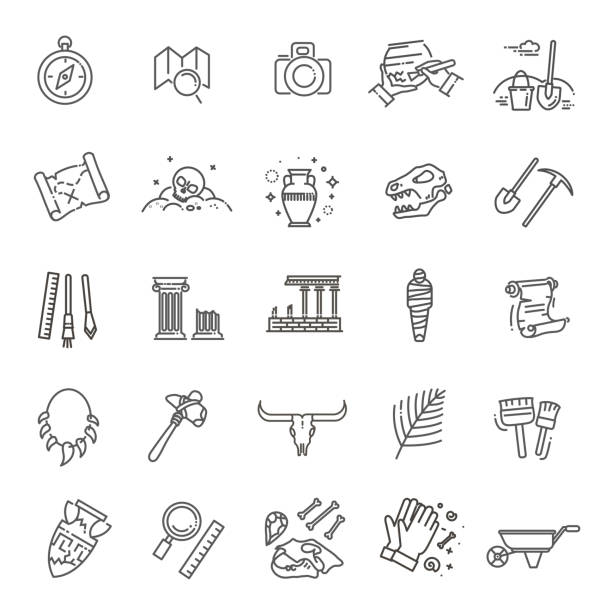 archeology line icons set Outline black icons set in thin modern design style, flat line stroke vector symbols - archeology collection history stock illustrations