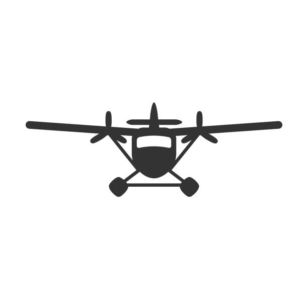 Black isolated silhouette of hydroplane on white background. Icon of front view of seaplane. Black isolated silhouette of hydroplane on white background. Icon of front view of seaplane airplane commercial airplane propeller airplane aerospace industry stock illustrations