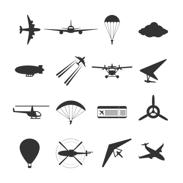 Black isolated silhouette of hydroplane, airplane, parachute, helicopter, propeller, hang-glider, dirigible, paraglide, balloon. Set of aviation icon. Black isolated silhouette of hydroplane, airplane, parachute, helicopter, propeller, hang-glider, dirigible, paraglide balloon Set of aviation icon gliding stock illustrations