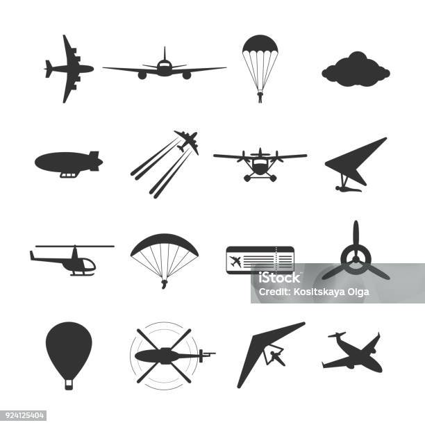 Black Isolated Silhouette Of Hydroplane Airplane Parachute Helicopter Propeller Hangglider Dirigible Paraglide Balloon Set Of Aviation Icon Stock Illustration - Download Image Now