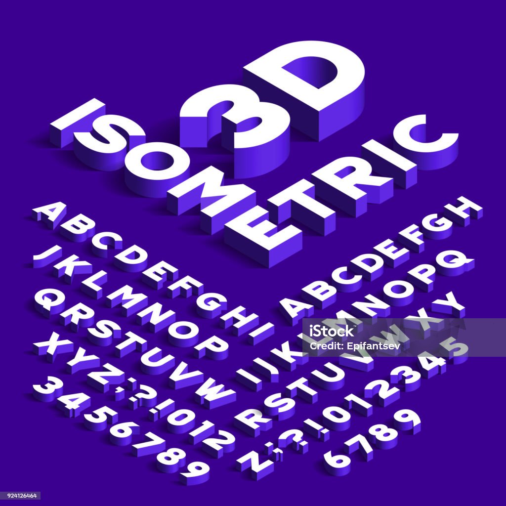 Isometric alphabet font. 3d effect letters with shadows. Isometric alphabet font. 3d effect letters, numbers and symbols with shadows. Stock vector typeface for any typography design. Isometric Projection stock vector