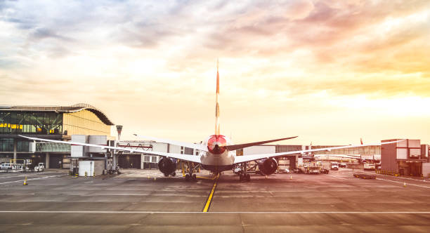 istock Back view of modern airplane at terminal gate ready for takeoff on runway - International airport with cloudy sky - Travel and wanderlust concept around the world on dramatic contrast filtered look 924135502